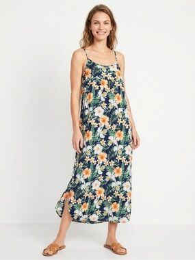 Huskary Tropical Floral Maxi Dress Womens XL Navy Spaghetti Strap Resort